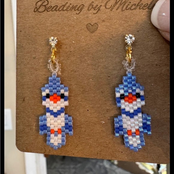 Handmade Cute Blue Jay Bird Miyuki Glass Seed Beaded Earrings, Brick Stitch Gift - Picture 5 of 5